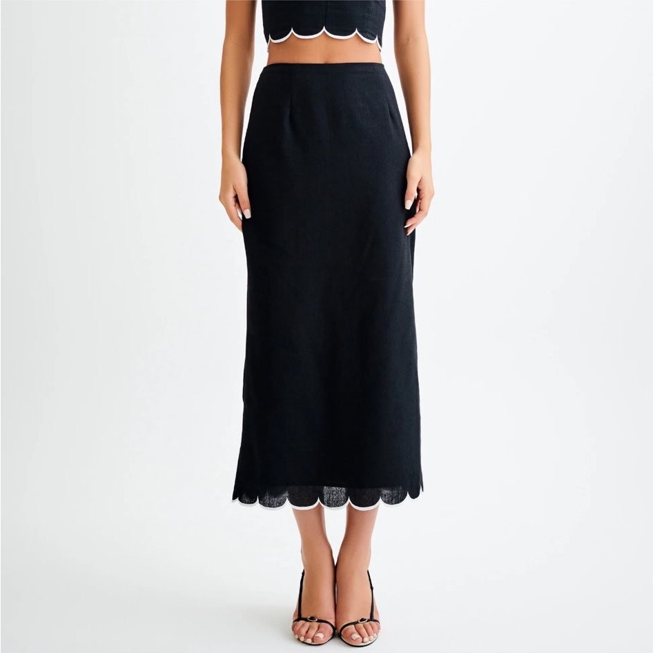 Meshki Alessio Black Scallop Linen Midi Skir In Black Size M Nwt